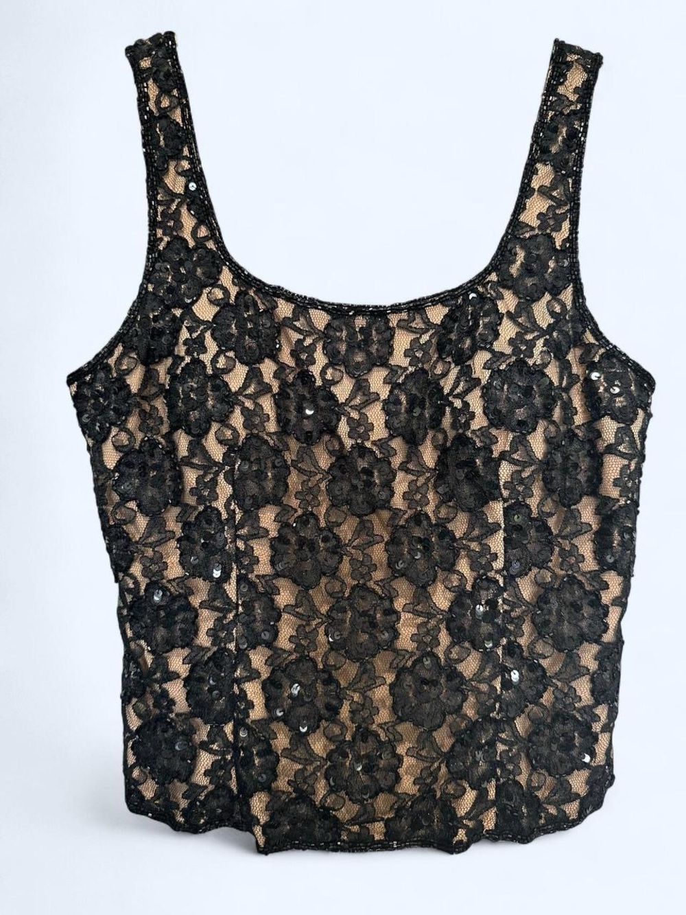 Andretta Donatello Black Lace Tank Top with Nude Lining and Black Sequins L